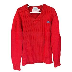 Vtg 70s 80s Izod Lacoste Sweater Alligator Acrylic V-Neck Red Boys 8/10 Ribbed